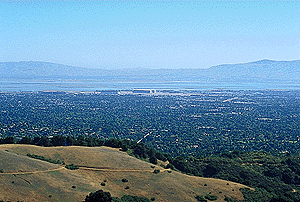 Looking out at Moffet Field, Upper High Meadow and trail in foreground